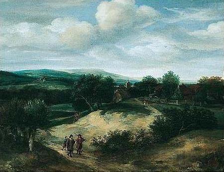 Jacob Koninck Landscape with huntsmen on a track before a village